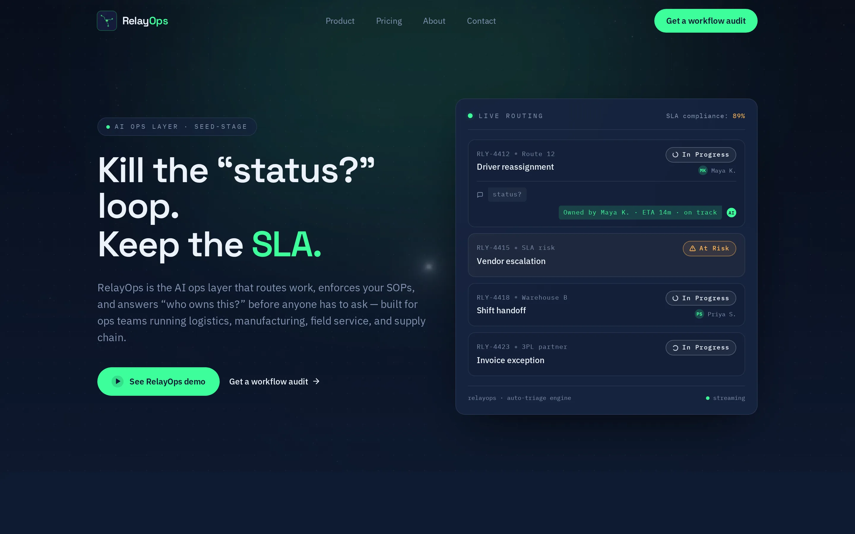 RelayOps sample website, hero section